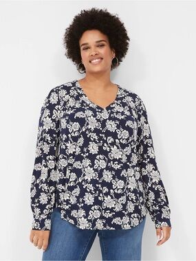 Lane Bryant Navy Blue and White Botanical Floral Bishop Sleeve V Neck Top